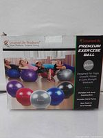 Front of retail box showing product name, 65 cm size, usage claims, images of exercise balls