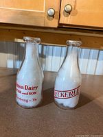 Front view of both glass bottles showing Dayton Dairy Mayer and Son text and Weckerle script