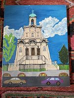 Front view of painting showing church scene and colors