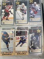Binder page showing PowerPlay hockey cards featuring Eric Lindros, Darius Kasparaitis, Teemu Selanne, Bob Sweeney, Randy Wood and Felix Potvin