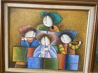 Front view of framed Joyce Roybal painting showing full composition of four musicians