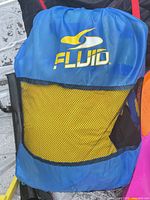 Blue Fluid drawstring bag with yellow jackets visible through mesh