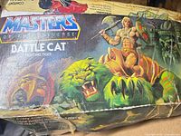 Front panel of original Masters of the Universe Battle Cat box showing artwork and wear