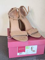 Merona beige block heel sandals on original box showing size label