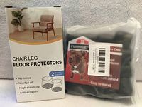 Box and bag of chair leg protectors showing packaging and product details