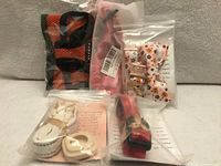 Five bagged small dog accessories: harness, seatbelt tether, three collars