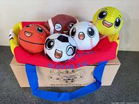 Plush sports bag and five plush sports balls inside original box