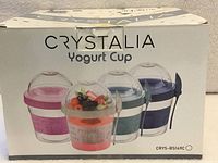 Front of Crystalia Yogurt Cup box showing four cups and product details
