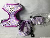 Harness, leash and bag holder displayed