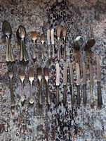 Group shot of all flatware pieces and salt & pepper shakers laid out on rug