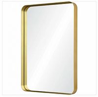 Angled view of rectangular mirror with brushed gold rounded frame
