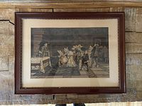 Full view of framed coloured etching under glass