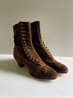 Side view of both brown velvet button boots