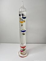 Full view of 16" glass Galileo thermometer with colored bulbs