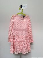 Front view of pink lace dress on hanger