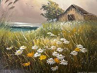 full view of painting with barn, daisies, water