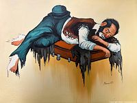 Full view of painting showing sleeping clown on suitcase with signature