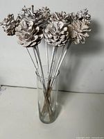 Full view of glass vase with silver pine cone stems