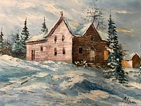 Full view of signed oil painting depicting winter farmhouse landscape