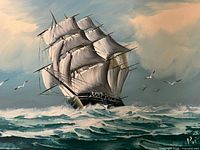 Full view of signed nautical oil painting depicting tall ship in choppy sea