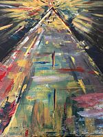 Close-up of textured impasto strokes and colour blend on canvas