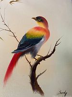 Full view of acrylic painting showing bird on branch and signature