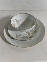 Teacup stacked on saucer and dessert plate showing full trio and pattern