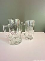 Both glass steins standing side by side showing overall form and etched crests