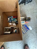 Box containing assorted packaged and loose light bulbs