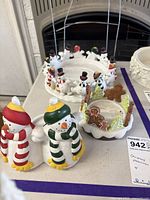 Front view showing two snowmen figures with scarf colors and tealight openings