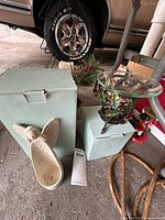 Overall lot with boxes, angel holder, metal holly centerpiece, nutcrackers