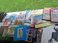 Wide view of tabletop stacks of vinyl albums