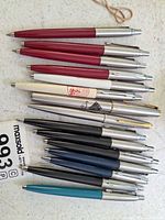 All fifteen Parker pens laid out showing barrel colors and caps