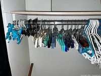 Rod with teal plastic clip hangers, metal clip hangers and various plastic hangers