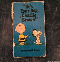 Front cover of blue Peanuts book with Charlie Brown and Snoopy, visible wear