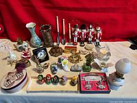overview of assorted small collectibles laid out on table