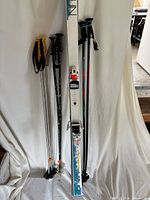 Olin skis with bindings and three pairs ski poles standing upright