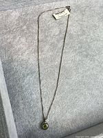 full view of necklace laid flat on fabric showing chain and pendant