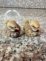Front view of both ceramic bird figurines showing color and details