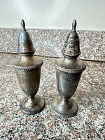 Front view of both silver plate shakers showing shape and patina