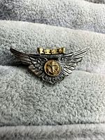 Front view of sterling silver wings brooch with gold anchor and star bar