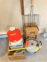 Entire lot stacked: jug, grill basket, roasting sticks, wooden box, coffee pot