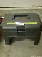 Closed Rubbermaid toolbox stool front view
