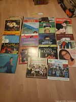 Group shot of approximately twenty LP records laid out on floor with visible covers