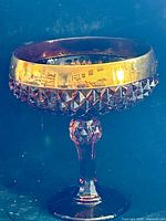 Front view of amber pressed glass compote on pedestal