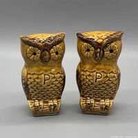 Front view of both brown and tan ceramic owl shakers
