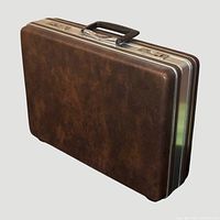 Front angled view of brown faux leather attaché case with silver trim