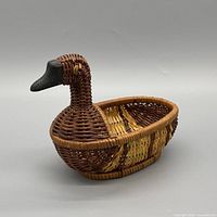 Front left view of wicker duck basket