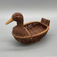 Left side profile of duck-shaped wicker basket