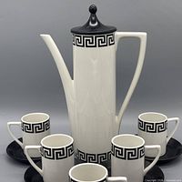 Full set: coffee pot, four cups with saucers, showing pattern and form